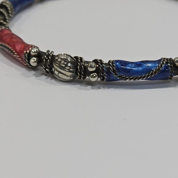 Vintage Boho Ornate Pink Blue Enamel Silver Wire Wrapped Bangle Bracelet - Picture 5 of 14